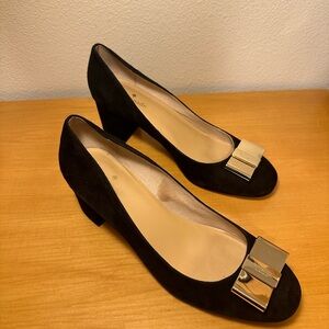 Kate Spade Black Suede Heels with Gold Buckle